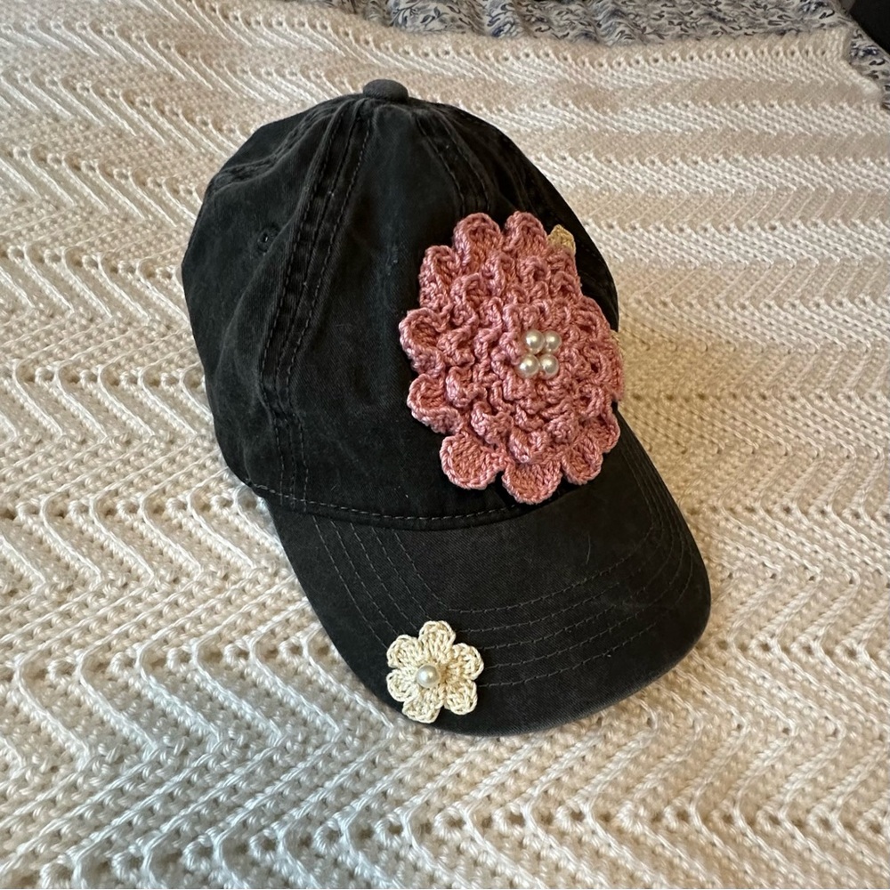 Upcycled Dark Grey Cap with Pink and Cream Hand Crochet Flowers